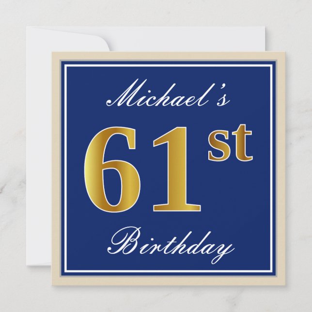 Elegant, Blue, Faux Gold 61st Birthday + Name Invitation (Front)