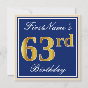 Elegant, Blue, Faux Gold 63rd Birthday + Name Invitation