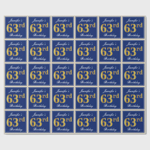 Elegant, Blue, Faux Gold 63rd Birthday + Name Wrapping Paper