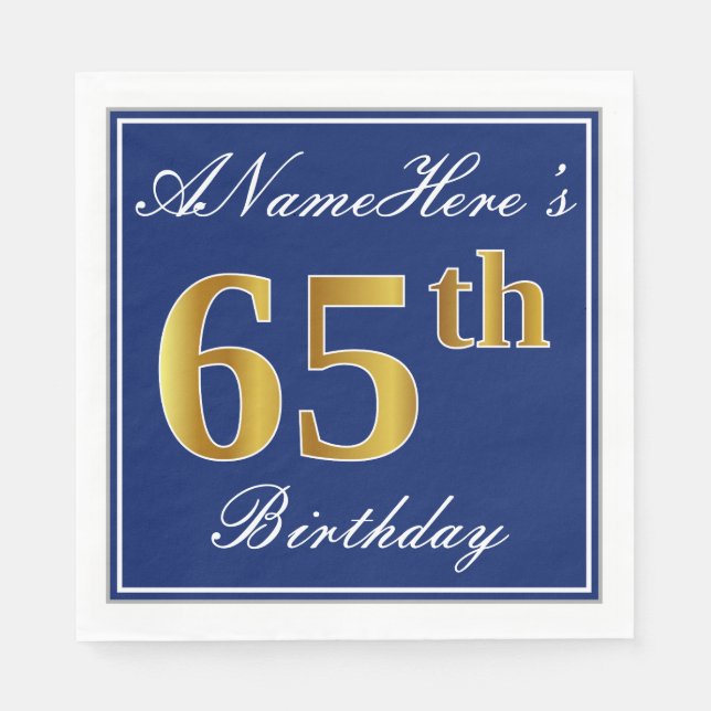Elegant Blue, Faux Gold 65th Birthday; Custom Name Napkin (Front)