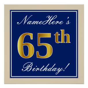 Elegant, Blue, Faux Gold 65th Birthday + Name Poster