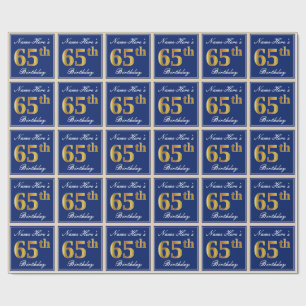 Elegant, Blue, Faux Gold 65th Birthday + Name Wrapping Paper