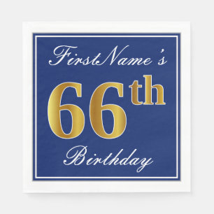 Elegant Blue, Faux Gold 66th Birthday; Custom Name Napkin