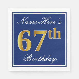 Elegant Blue, Faux Gold 67th Birthday; Custom Name Napkin
