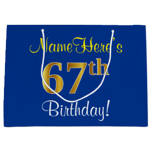 Elegant, Blue, Faux Gold 67th Birthday + Name Large Gift Bag