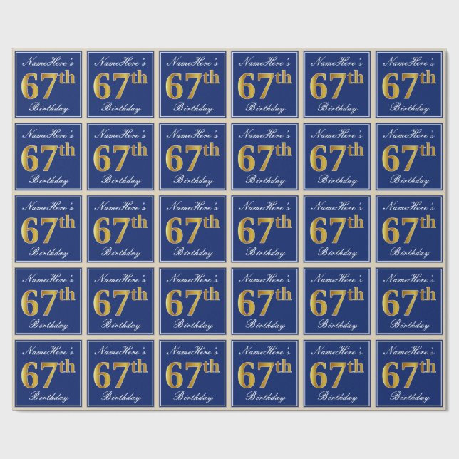 Elegant, Blue, Faux Gold 67th Birthday + Name Wrapping Paper (Flat)