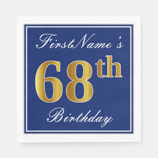 Elegant Blue, Faux Gold 68th Birthday; Custom Name Napkin (Front)