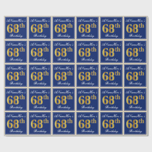 Elegant, Blue, Faux Gold 68th Birthday + Name Wrapping Paper