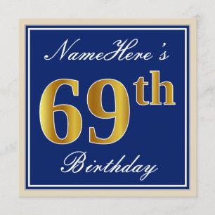 Elegant, Blue, Faux Gold 69th Birthday + Name Invitation