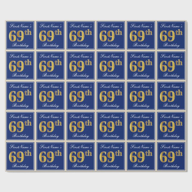 Elegant, Blue, Faux Gold 69th Birthday + Name Wrapping Paper (Flat)