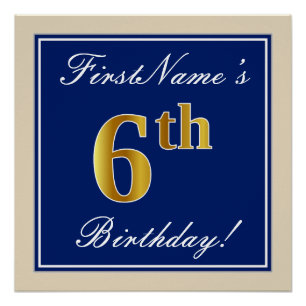 Elegant, Blue, Faux Gold 6th Birthday; Custom Name Poster
