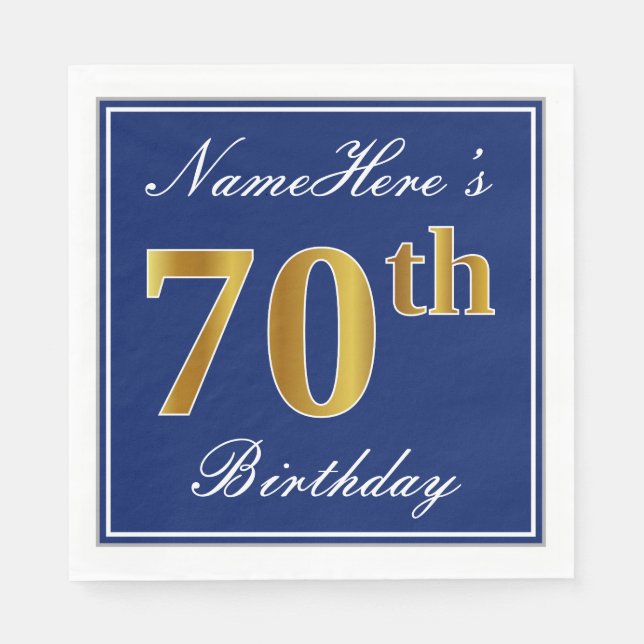 Elegant Blue, Faux Gold 70th Birthday; Custom Name Napkin (Front)