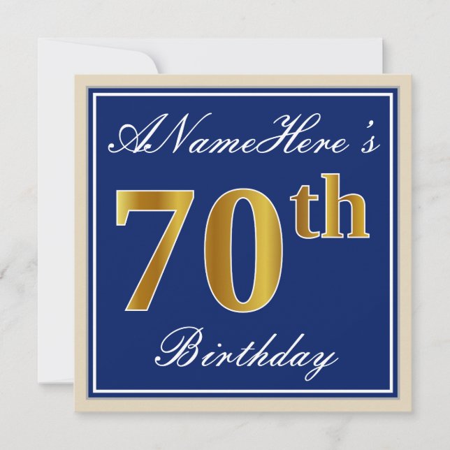 Elegant, Blue, Faux Gold 70th Birthday + Name Invitation (Front)