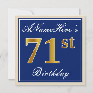 Elegant, Blue, Faux Gold 71st Birthday + Name Invitation