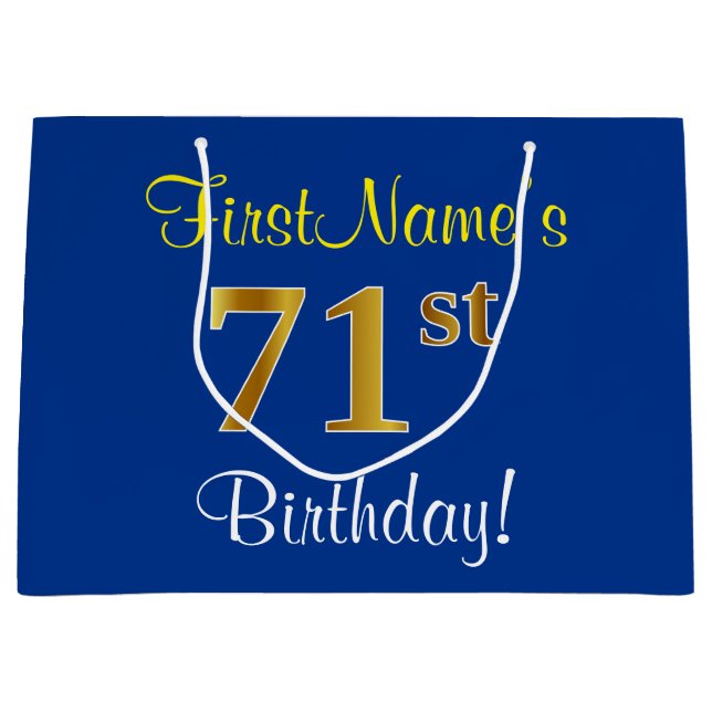 Elegant, Blue, Faux Gold 71st Birthday + Name Large Gift Bag (Front)