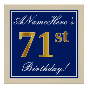 Elegant, Blue, Faux Gold 71st Birthday + Name Poster