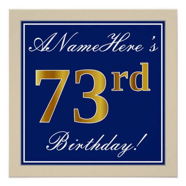 Elegant, Blue, Faux Gold 73rd Birthday + Name Poster (Front)