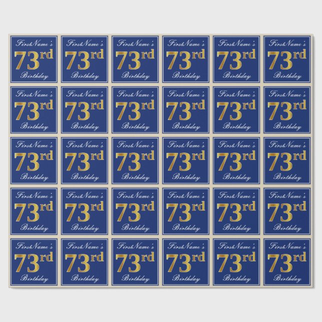 Elegant, Blue, Faux Gold 73rd Birthday + Name Wrapping Paper (Flat)
