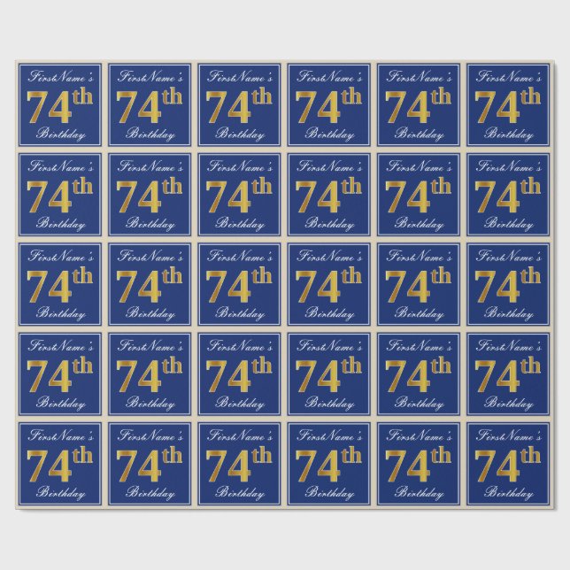 Elegant, Blue, Faux Gold 74th Birthday + Name Wrapping Paper (Flat)