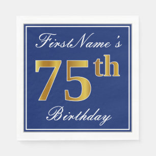 Elegant Blue, Faux Gold 75th Birthday; Custom Name Napkin