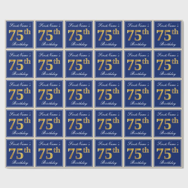 Elegant, Blue, Faux Gold 75th Birthday + Name Wrapping Paper (Flat)