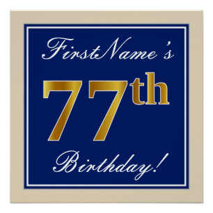 Elegant, Blue, Faux Gold 77th Birthday + Name Poster