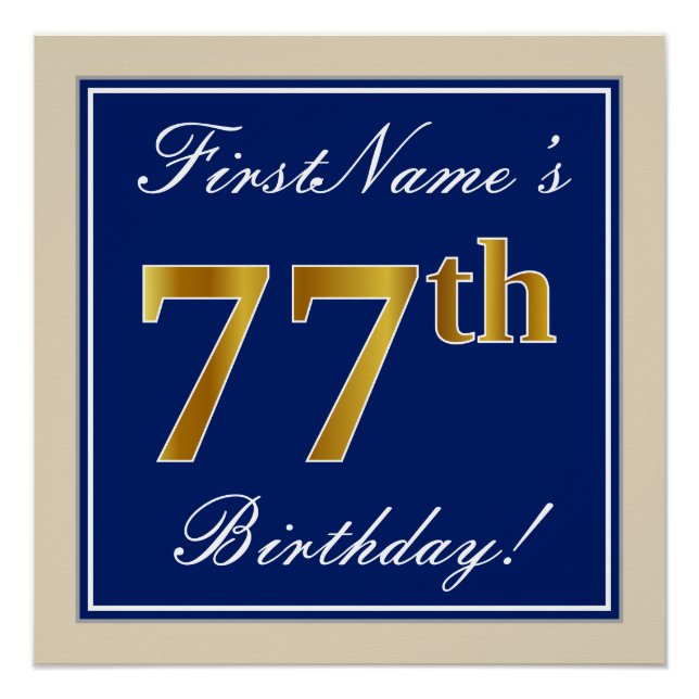 Elegant, Blue, Faux Gold 77th Birthday + Name Poster (Front)