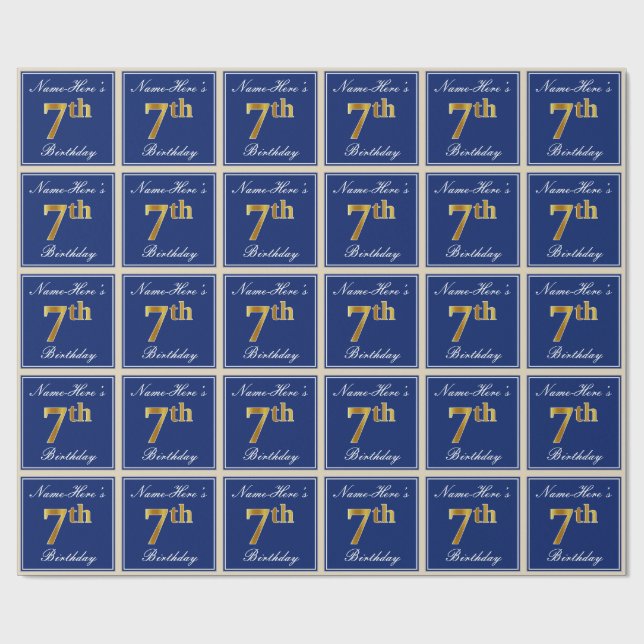 Elegant, Blue, Faux Gold 7th Birthday; Custom Name Wrapping Paper (Flat)