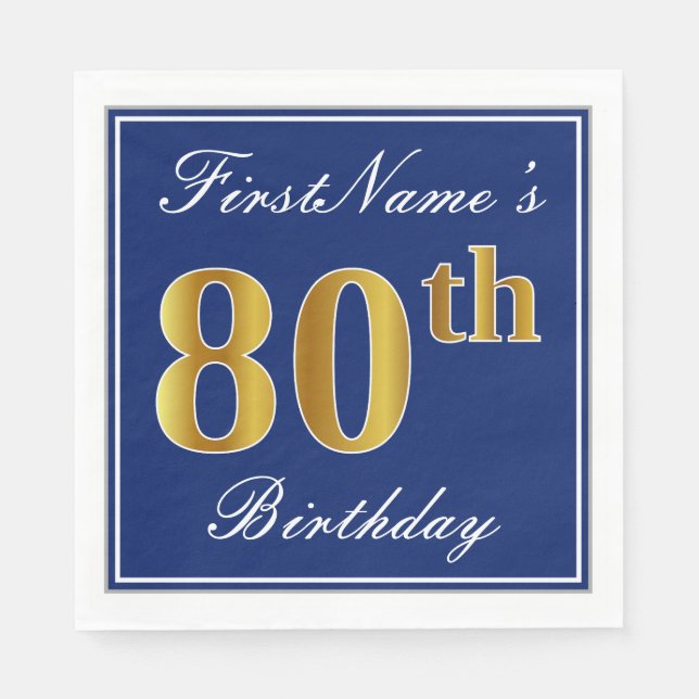 Elegant Blue, Faux Gold 80th Birthday; Custom Name Napkin (Front)