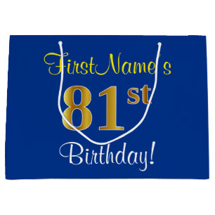 Elegant, Blue, Faux Gold 81st Birthday + Name Large Gift Bag