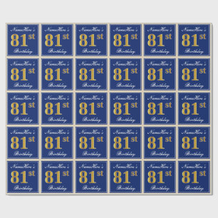 Elegant, Blue, Faux Gold 81st Birthday + Name Wrapping Paper