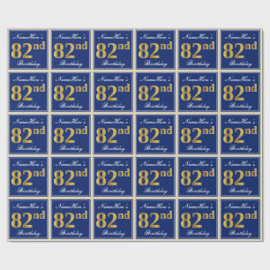 Elegant, Blue, Faux Gold 82nd Birthday + Name Wrapping Paper