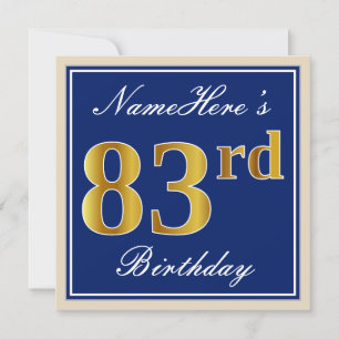 Elegant, Blue, Faux Gold 83rd Birthday + Name Invitation