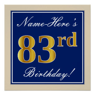 Elegant, Blue, Faux Gold 83rd Birthday + Name Poster