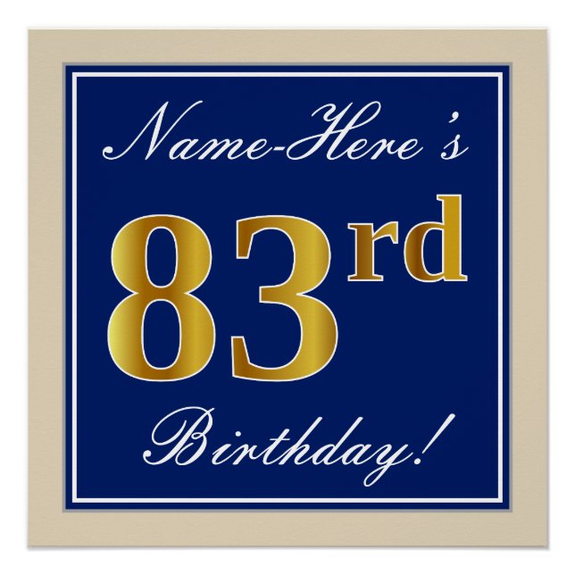 Elegant, Blue, Faux Gold 83rd Birthday + Name Poster (Front)