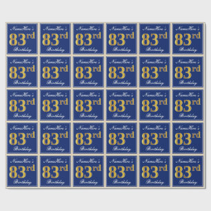 Elegant, Blue, Faux Gold 83rd Birthday + Name Wrapping Paper