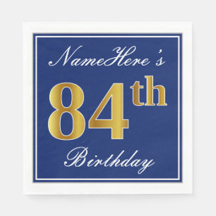 Elegant Blue, Faux Gold 84th Birthday; Custom Name Napkin