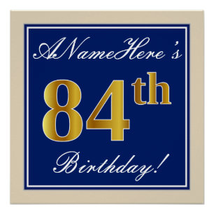 Elegant, Blue, Faux Gold 84th Birthday + Name Poster