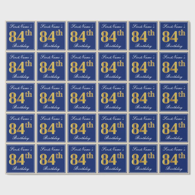 Elegant, Blue, Faux Gold 84th Birthday + Name Wrapping Paper (Flat)