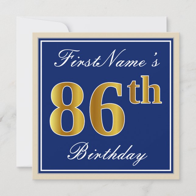 Elegant, Blue, Faux Gold 86th Birthday + Name Invitation (Front)
