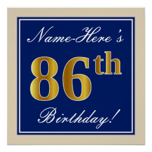 Elegant, Blue, Faux Gold 86th Birthday + Name Poster