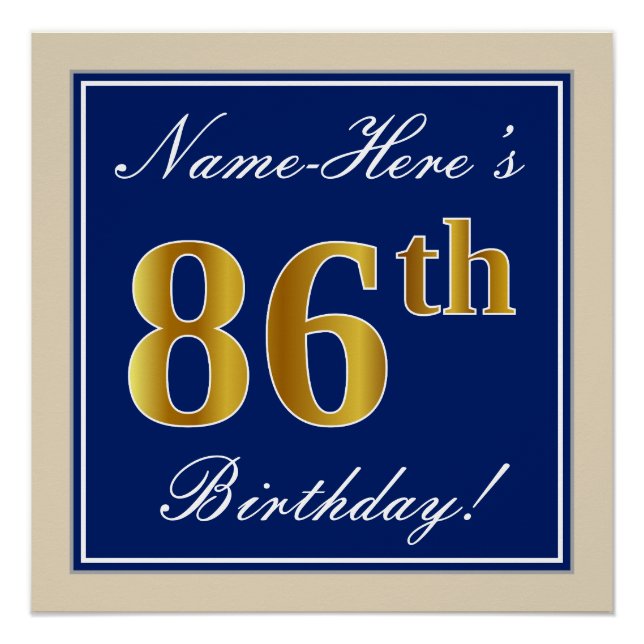 Elegant, Blue, Faux Gold 86th Birthday + Name Poster (Front)