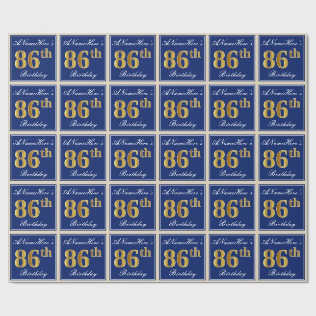 Elegant, Blue, Faux Gold 86th Birthday + Name Wrapping Paper (Flat)