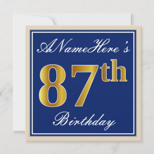 Elegant, Blue, Faux Gold 87th Birthday + Name Invitation