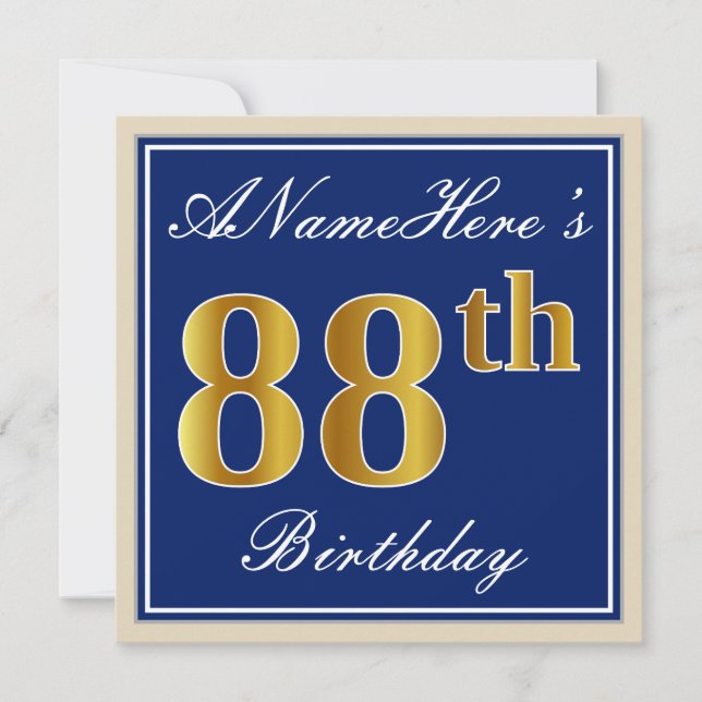 Elegant, Blue, Faux Gold 88th Birthday + Name Invitation (Front)