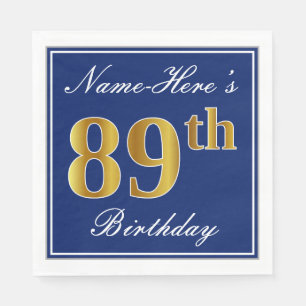 Elegant Blue, Faux Gold 89th Birthday; Custom Name Napkin