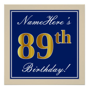 Elegant, Blue, Faux Gold 89th Birthday + Name Poster