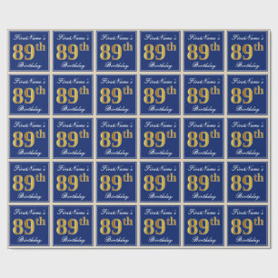 Elegant, Blue, Faux Gold 89th Birthday + Name Wrapping Paper