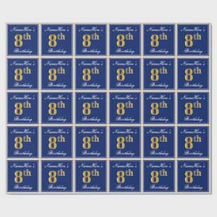 Elegant, Blue, Faux Gold 8th Birthday; Custom Name Wrapping Paper