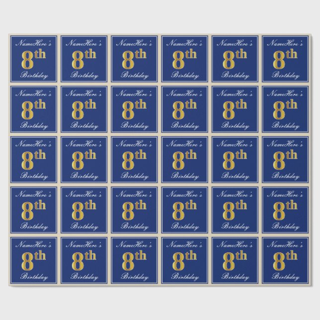 Elegant, Blue, Faux Gold 8th Birthday; Custom Name Wrapping Paper (Flat)